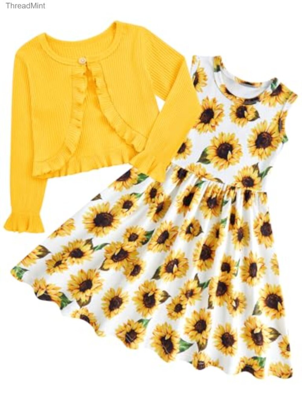 Girl Sleeveless Dress with Long Sleeve Ruffle Cardigan Set Toddler Outfit 2T-9Y